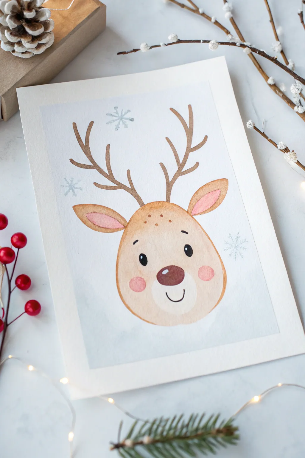 Easy reindeer face: simple ovals, cozy antlers, and a bright red nose on snowy wash