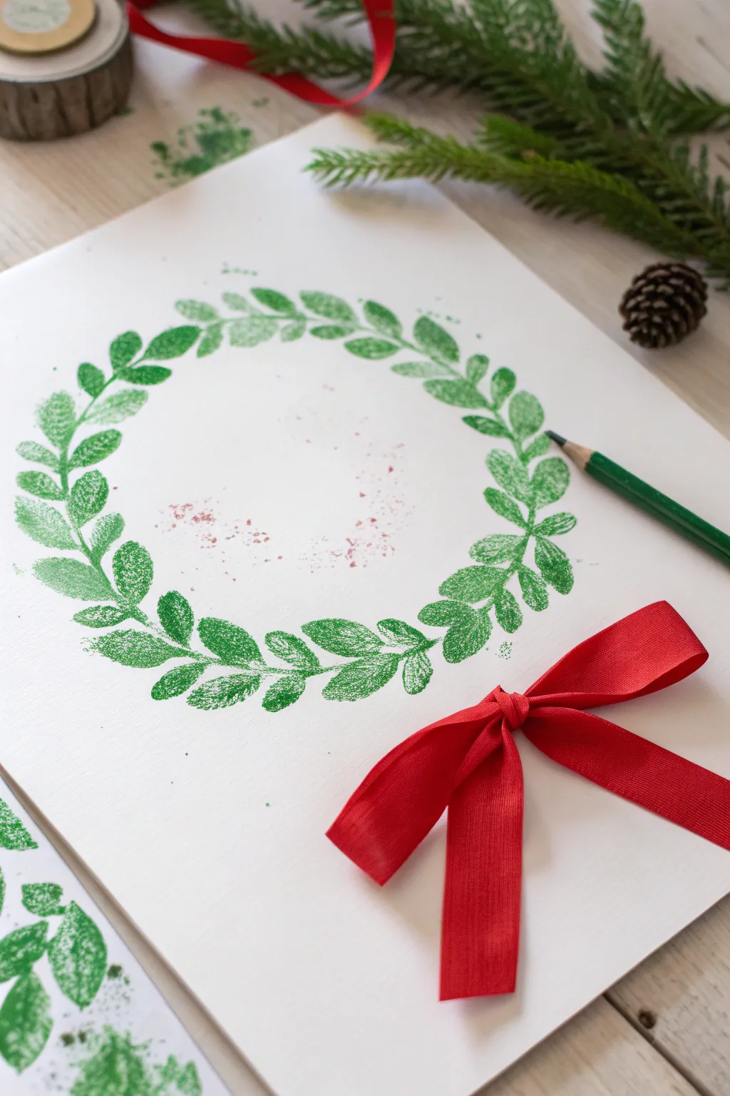 Stamped leafy wreath with a bold red bow, a simple kid-friendly Christmas painting idea.