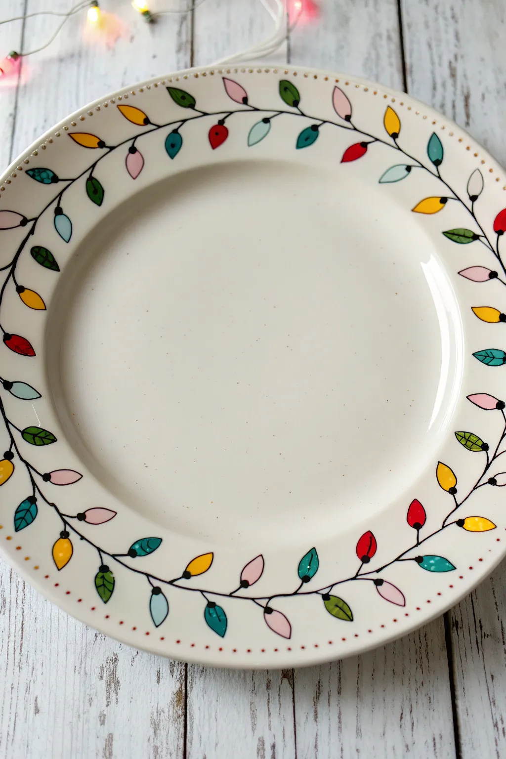 Minimalist fingerprint Christmas lights garland around the rim for a cozy modern holiday plate
