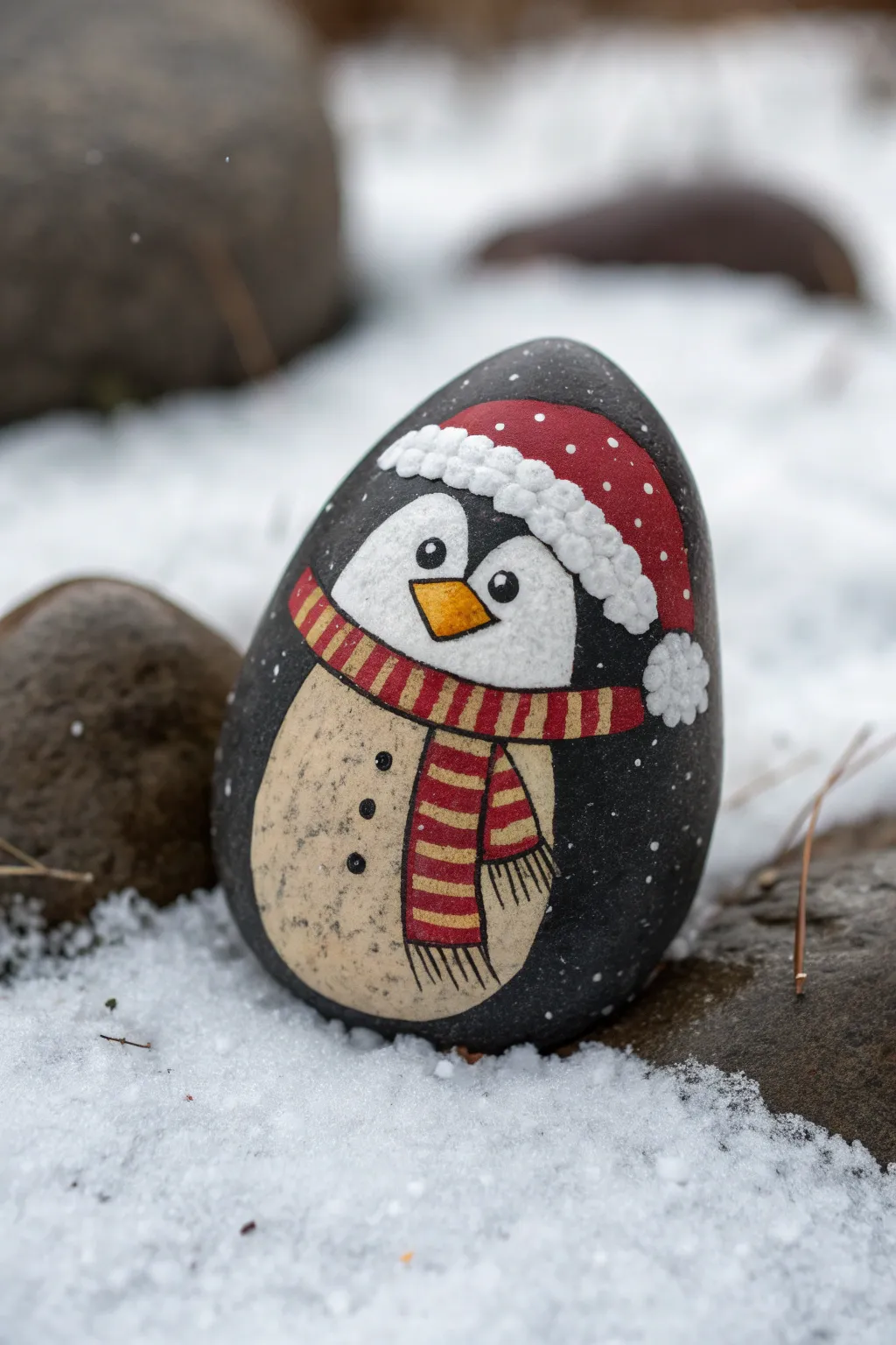 Chubby penguin rock with Santa hat and striped scarf on snowy minimalist backdrop