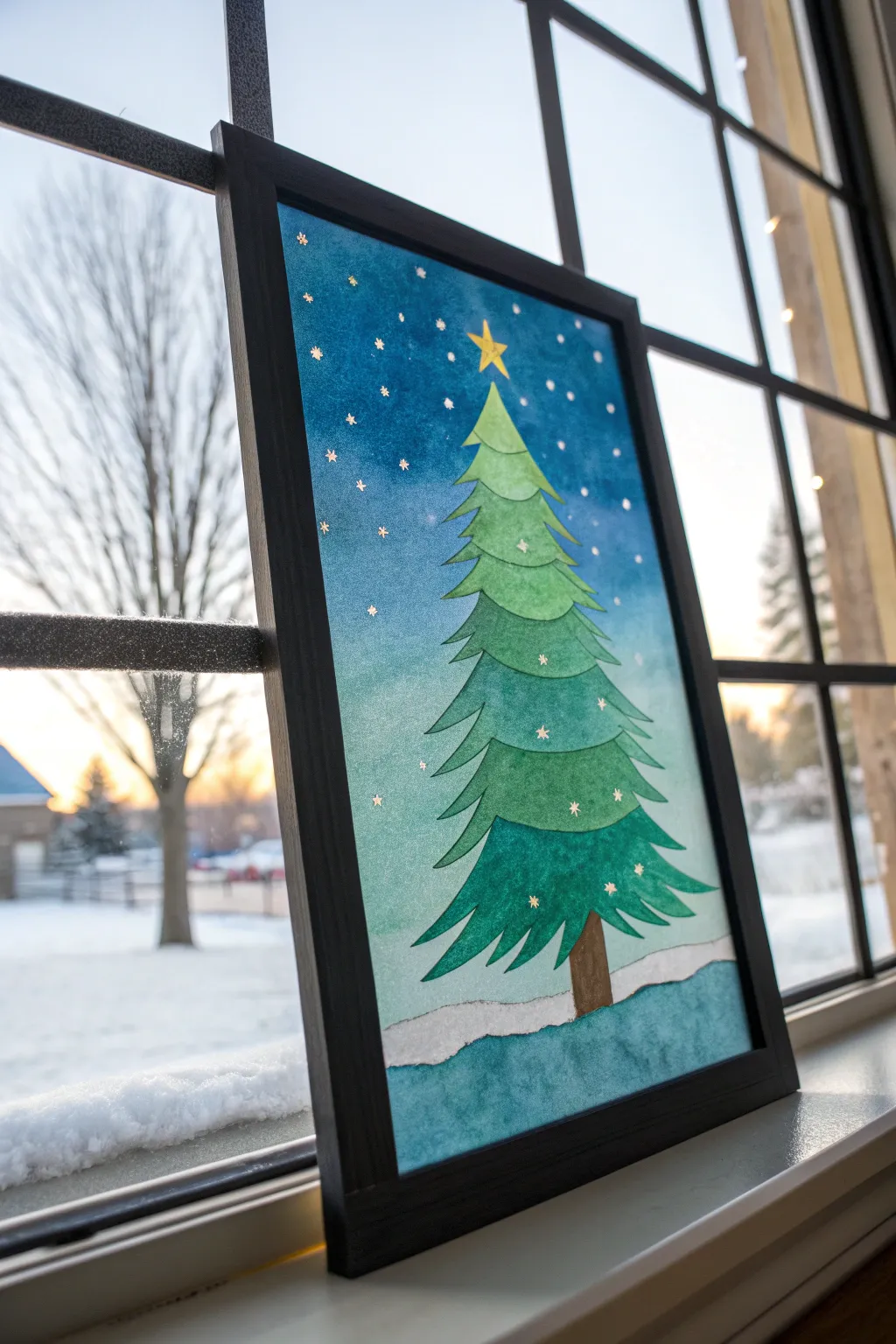 Cozy window-pane tree scene with bold dark grid contrast and a vibrant snowy glow beyond.