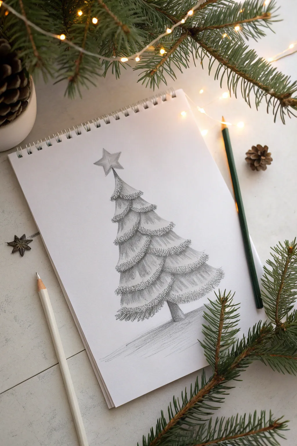 Monochrome pencil shaded Christmas tree with soft branch shadows and a delicate star.