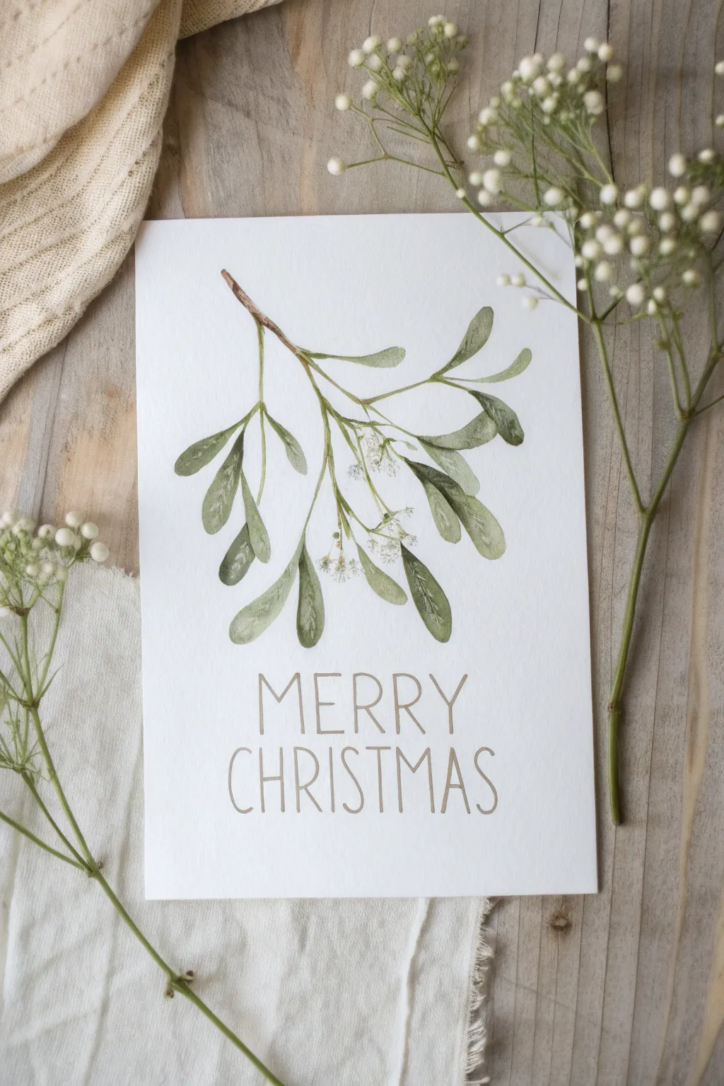 Minimal mistletoe watercolor with modern hand lettering for a Scandinavian-boho Christmas look