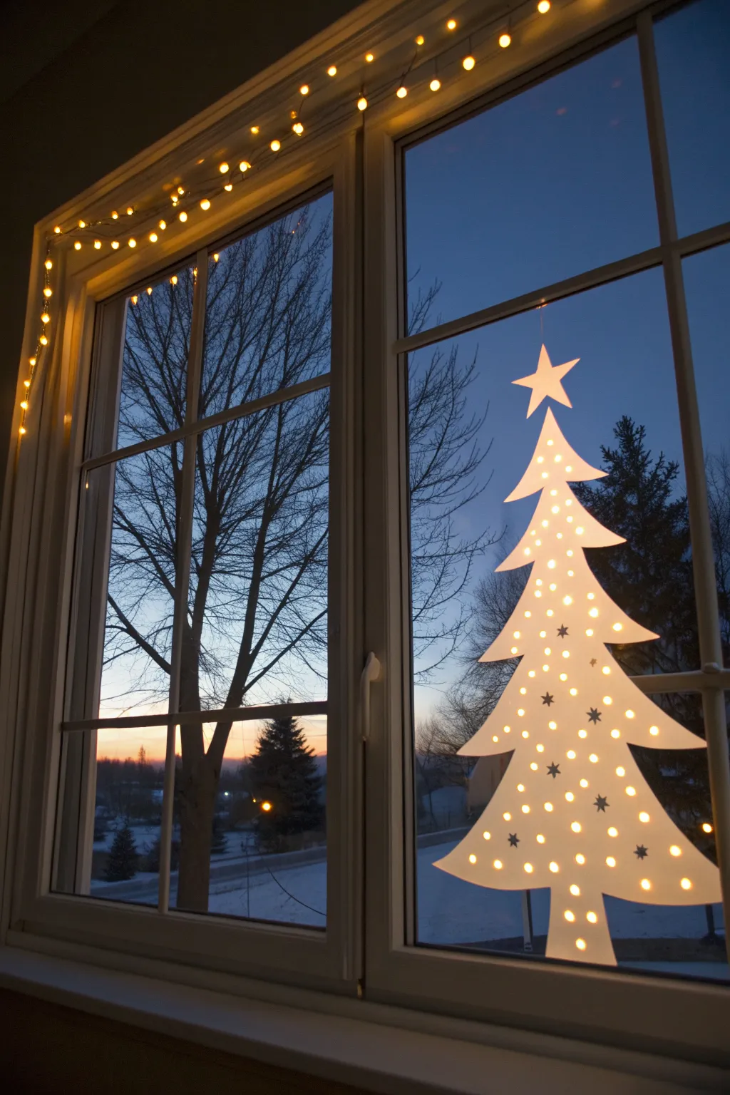 Day-to-night window art: bold tree silhouette with dotted lights and a simple star topper
