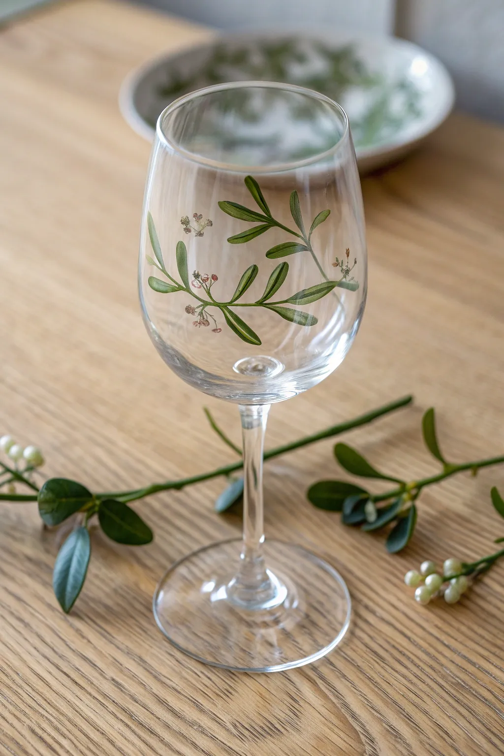Minimal mistletoe clusters near the rim for an elegant, cozy Christmas wine glass detail