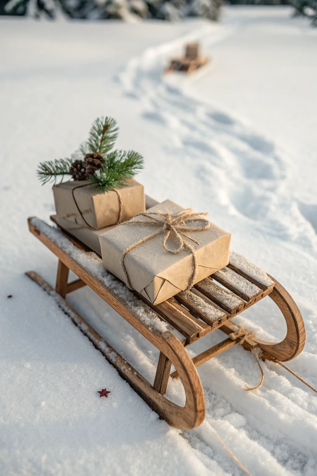 Vintage wooden sled with simple wrapped gifts, pine sprig, and fresh footprints in snowy calm