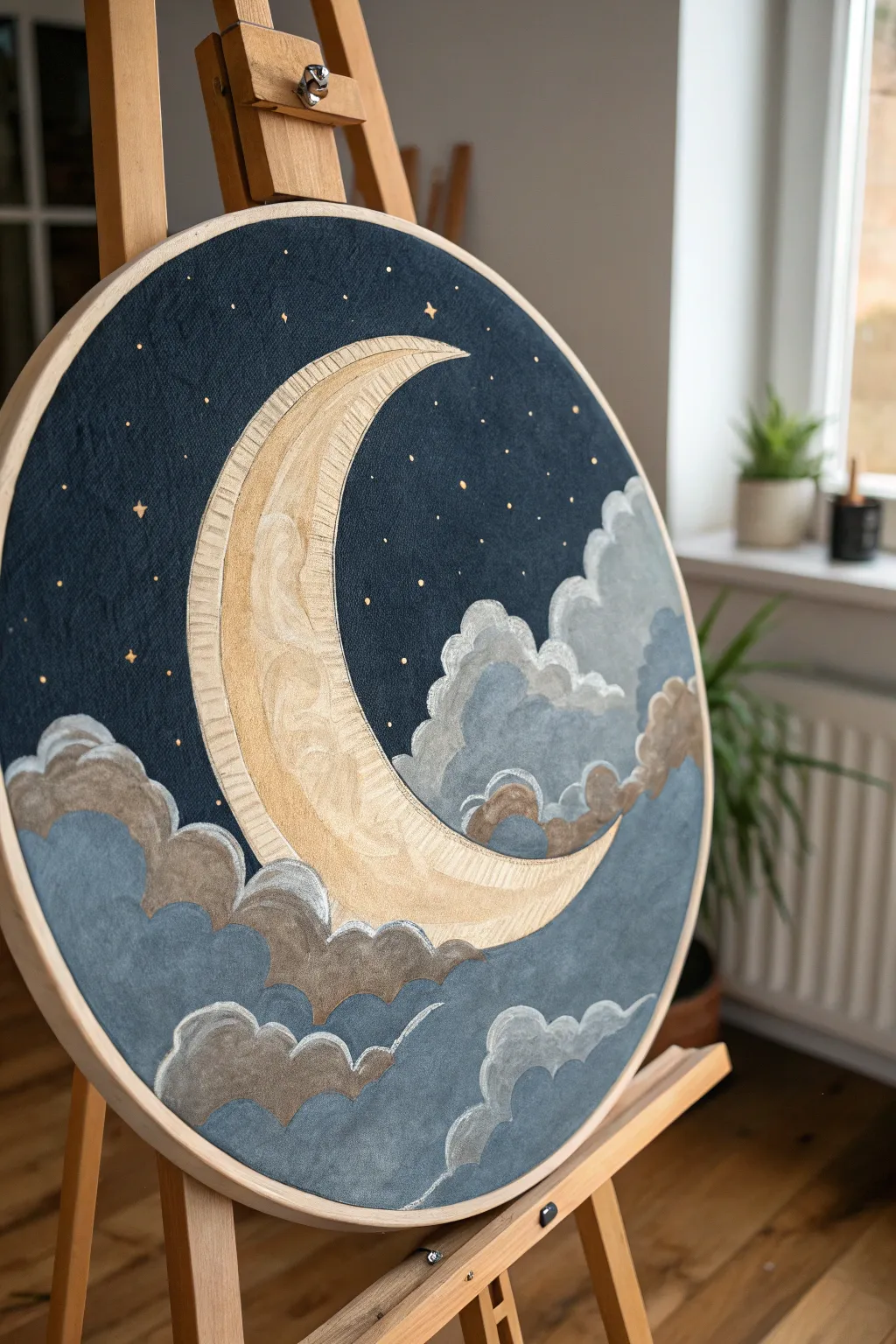 Minimal crescent moon on a round canvas, wrapped in airy clouds for a calm boho night scene.