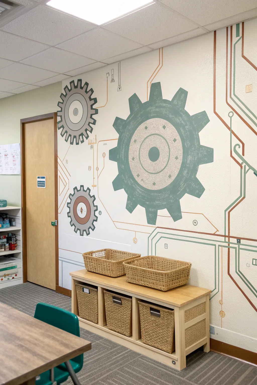Painted gear mural and clean circuit lines add STEM energy to a calm, cozy maker corner.