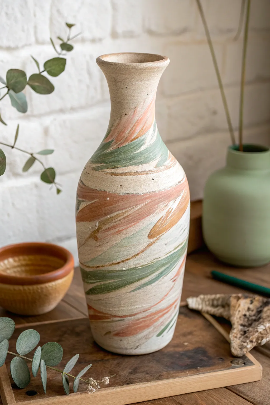 Modern clay vase with loose abstract brushstrokes, showcasing texture and confident color layers.