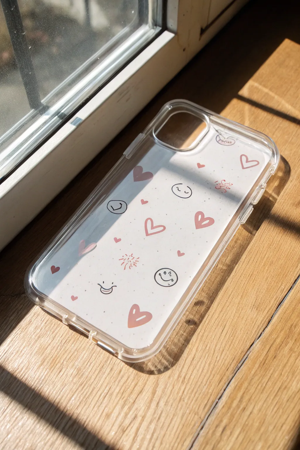 Minimal clear case art: tiny smiley doodles, hearts and dots for an easy cute DIY vibe.