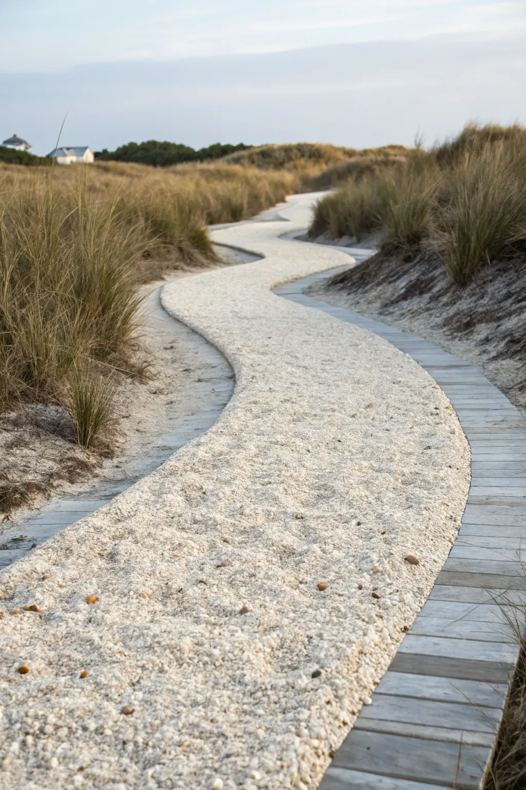 Curved crushed shell path with tufted grasses, crisp texture, and soft coastal light