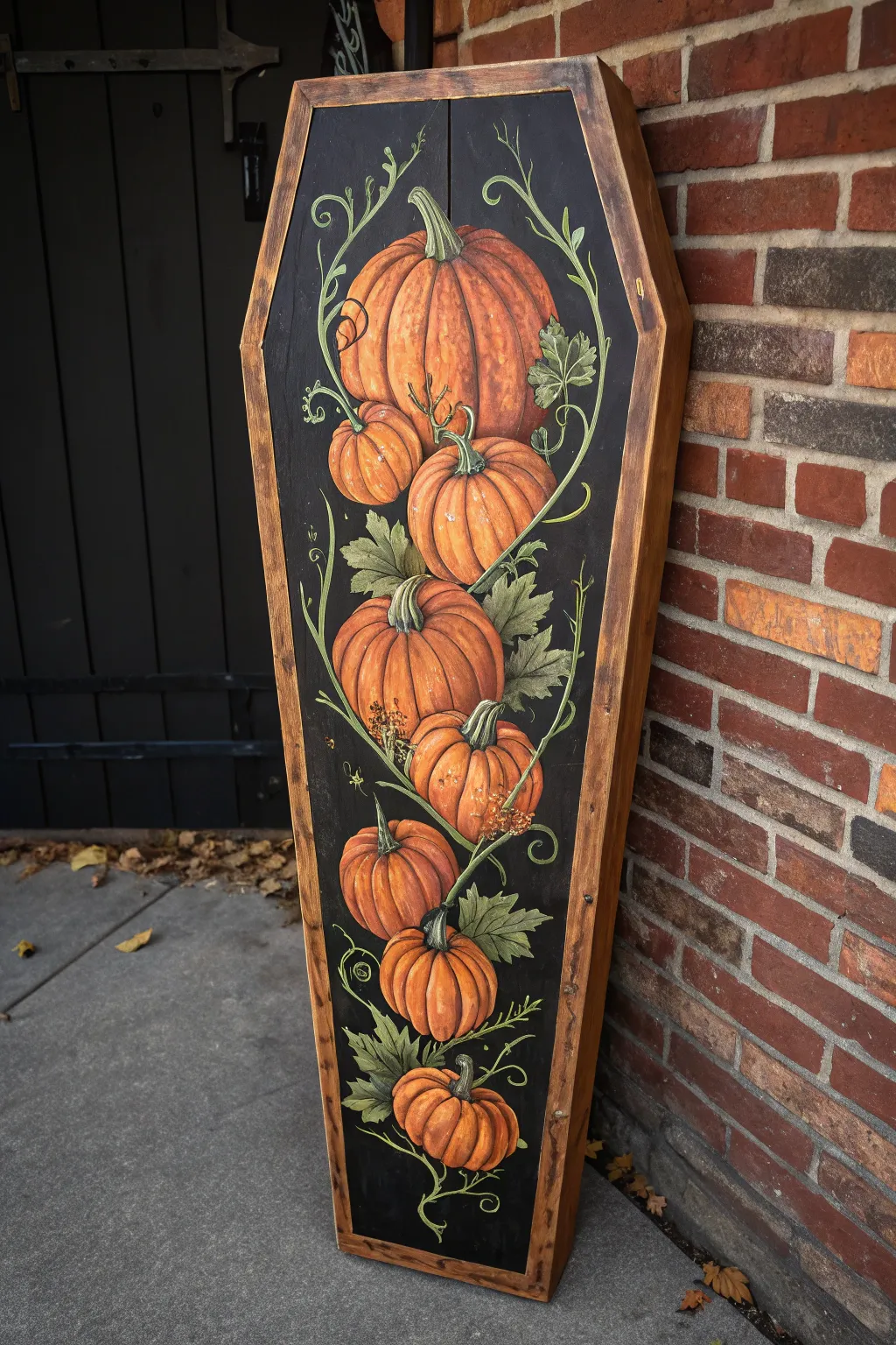 Warm pumpkin patch wraps a coffin panel for cozy Halloween vibes with bold contrast