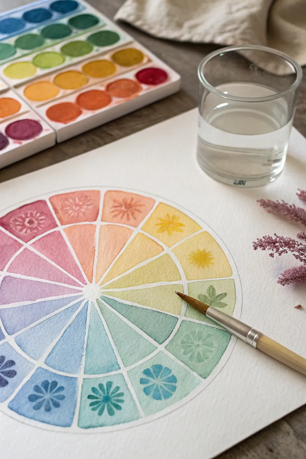 Watercolor bloom color wheel with soft wet on wet blends, minimal studio vibe and crisp contrast