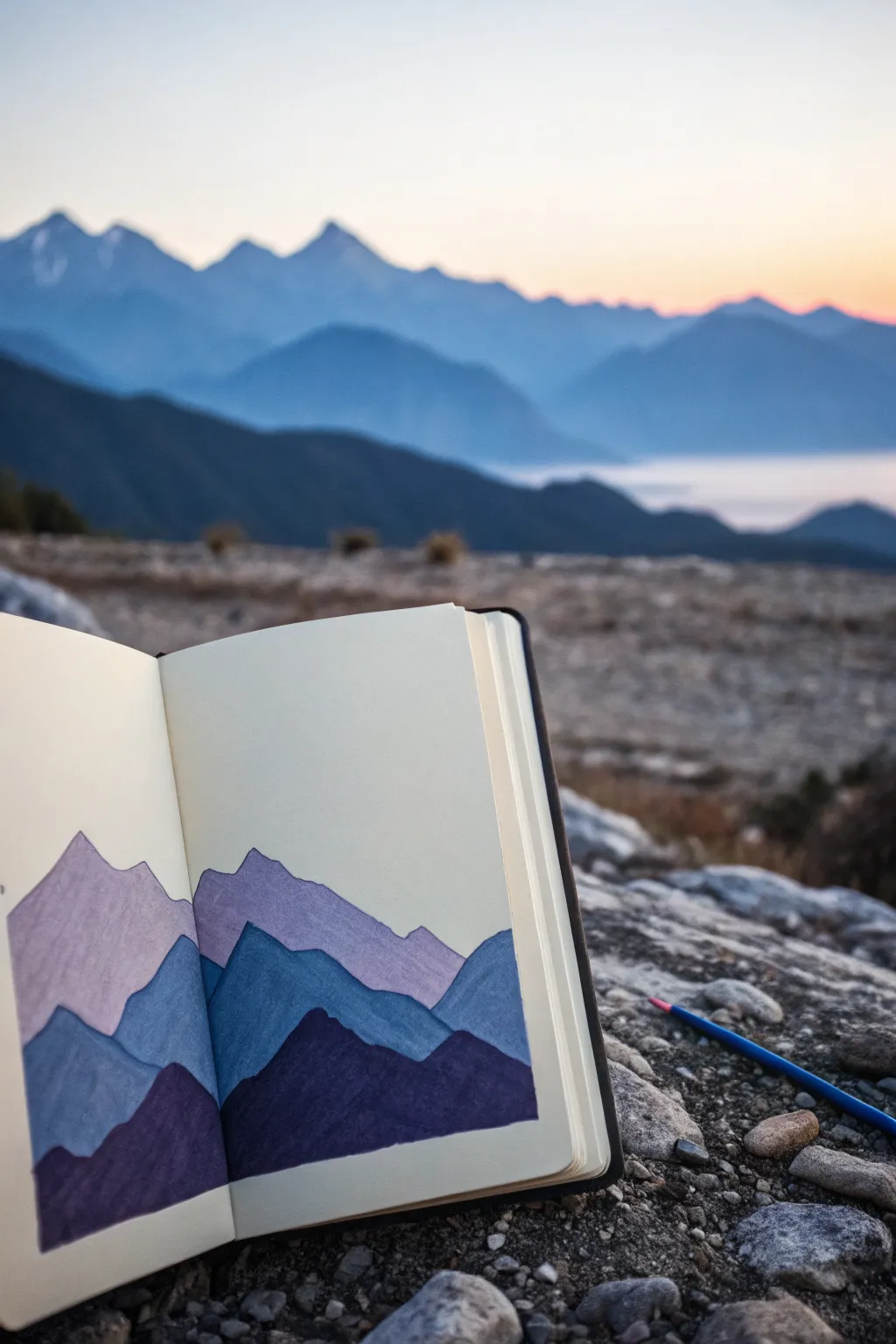 Easy two-color mountains with a dreamy gradient sky, a minimalist drawing anyone can try.