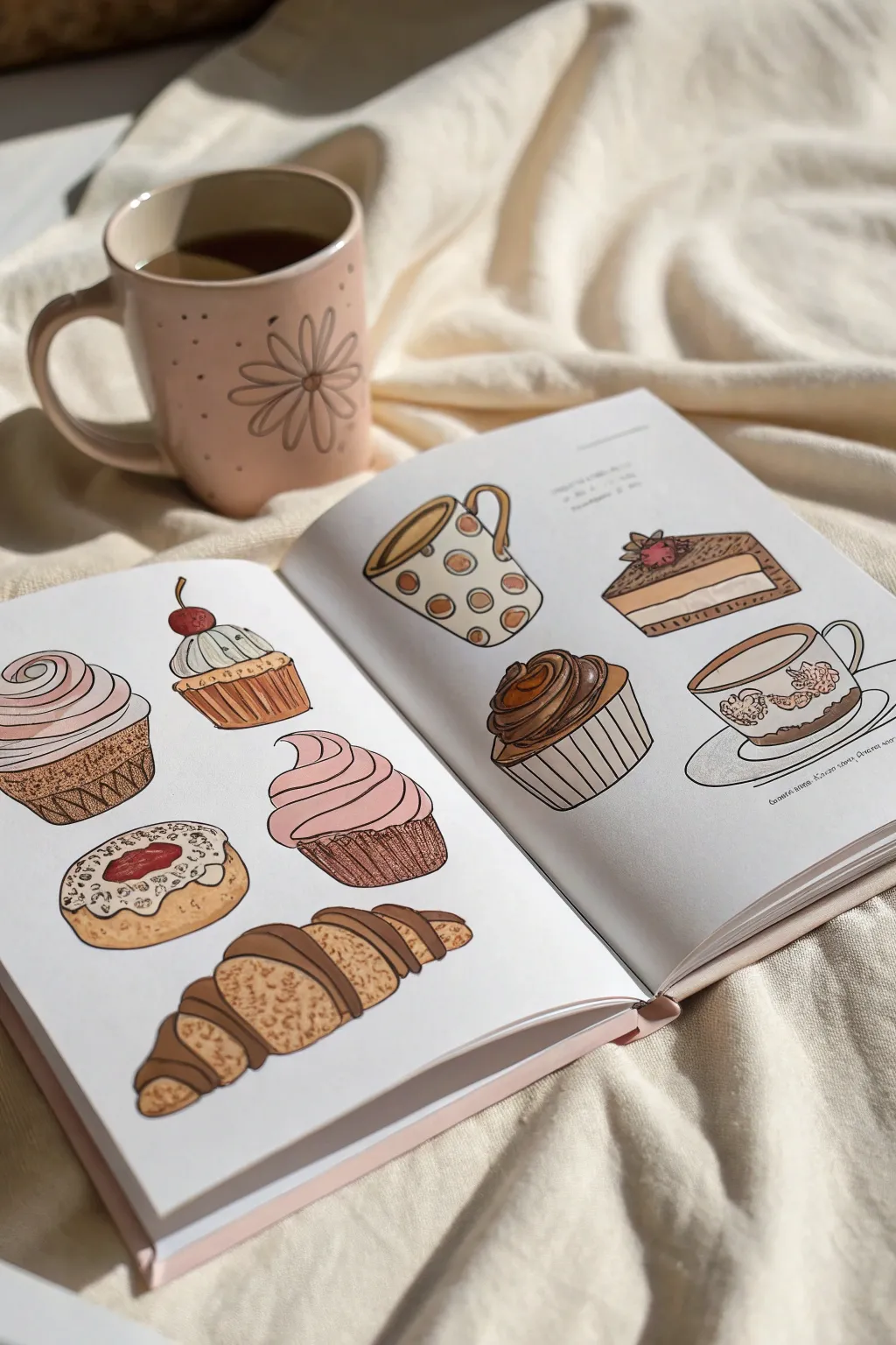 Warmly colored pastries and mugs on a clean page, cozy neutrals with glossy frosting highlights