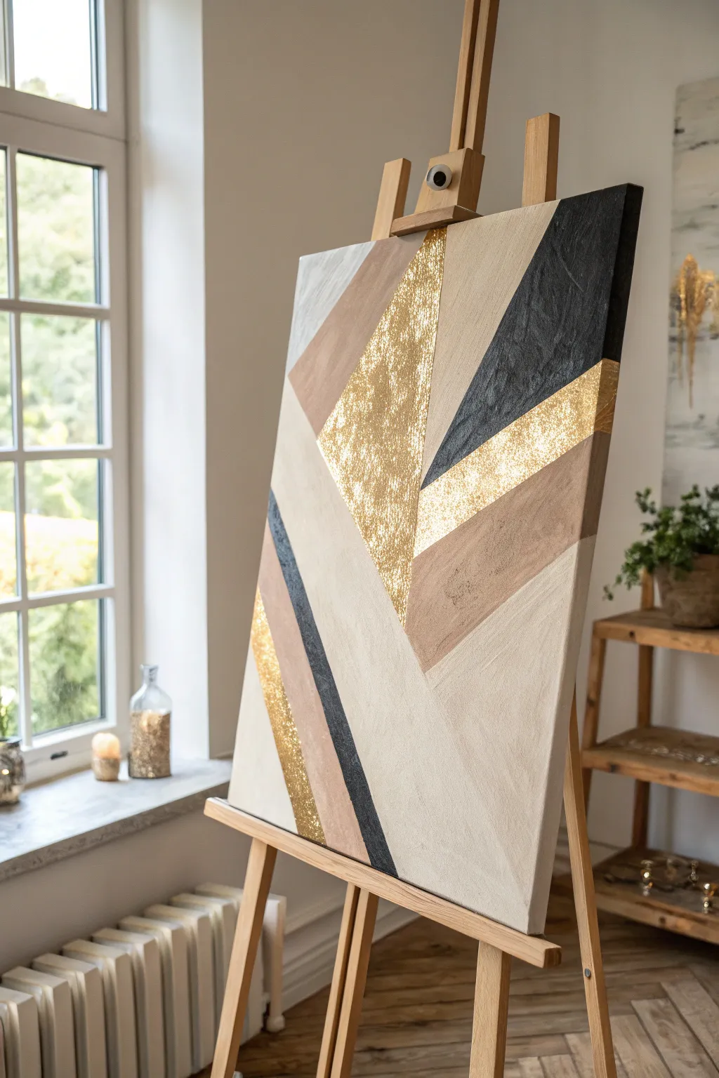 Cream and charcoal abstract with shimmering metallic accents for a modern neutral statement piece