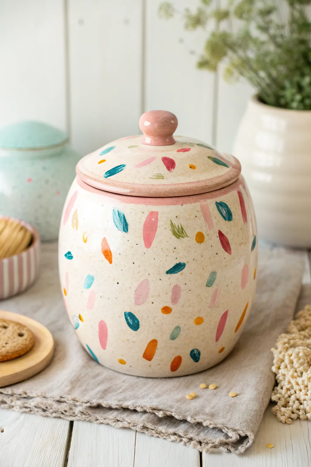 Sprinkles and confetti dots make a pastel cookie jar pop with playful, paintable charm