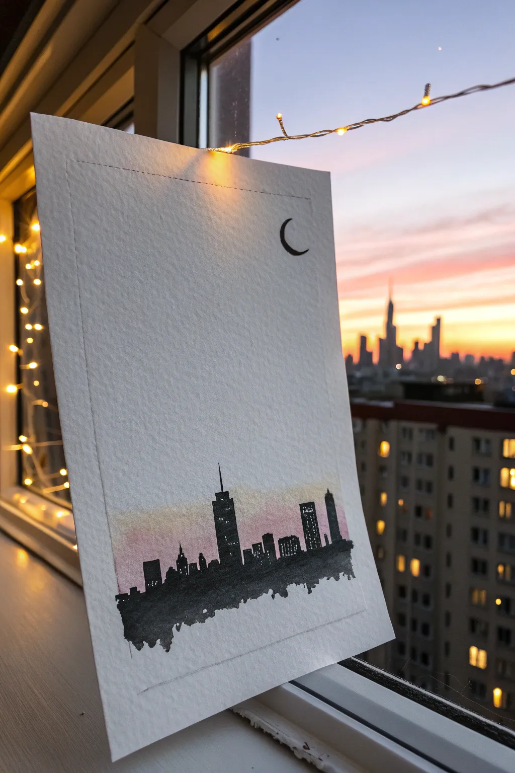 Minimal skyline silhouette drawing with glowing windows and a soft sunset gradient, easy to copy