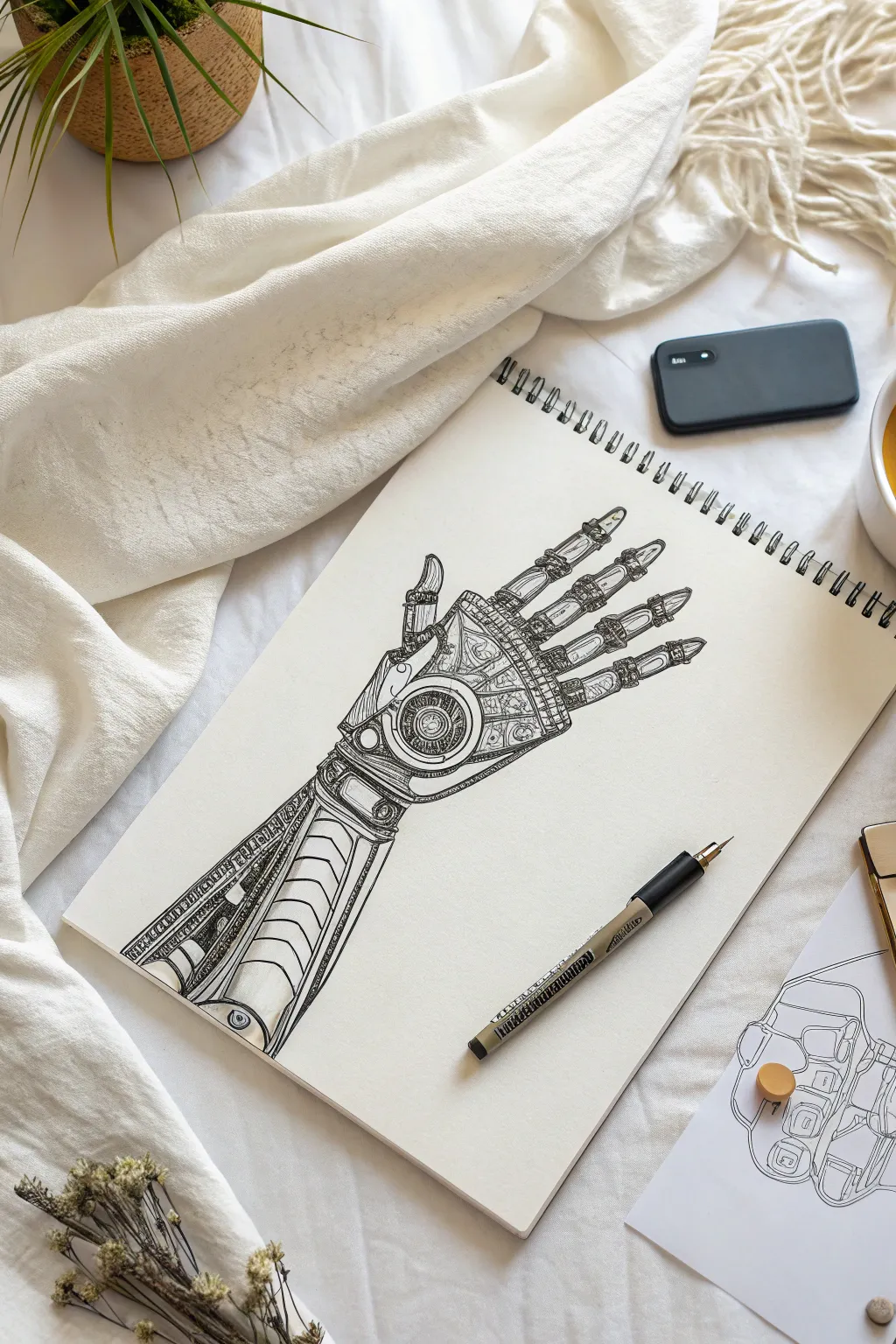 Explore the blend of man and machine with this intricate cyborg arm drawing idea.