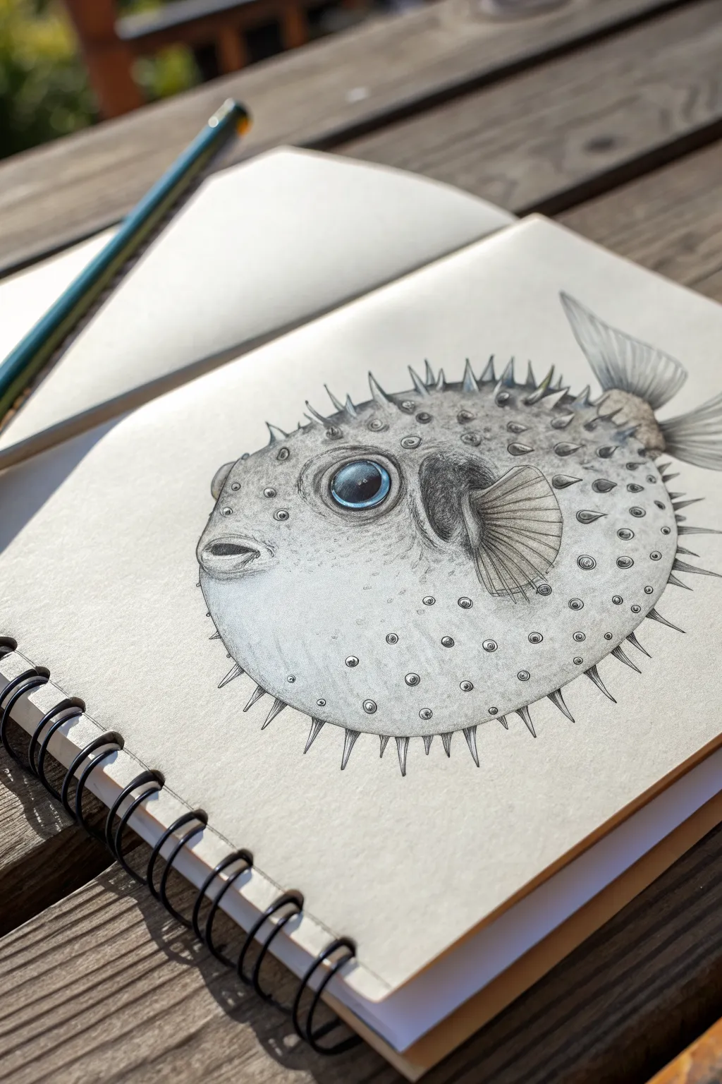 Texture-dot pufferfish sketch with soft shading and crisp spikes for a calming minimalist study