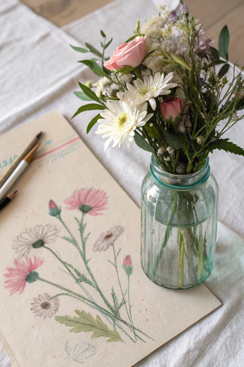 Creamy oil pastel jar of flowers with thick highlights and glass reflections in a minimalist boho style