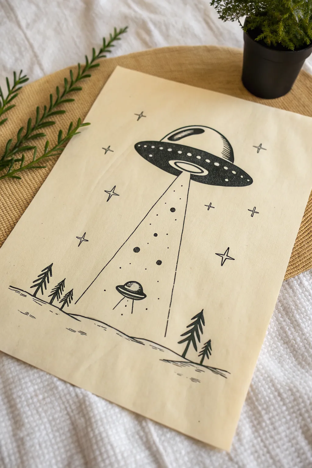 Minimal UFO over a tiny planet horizon, bold silhouettes and a soft beam for easy space art.