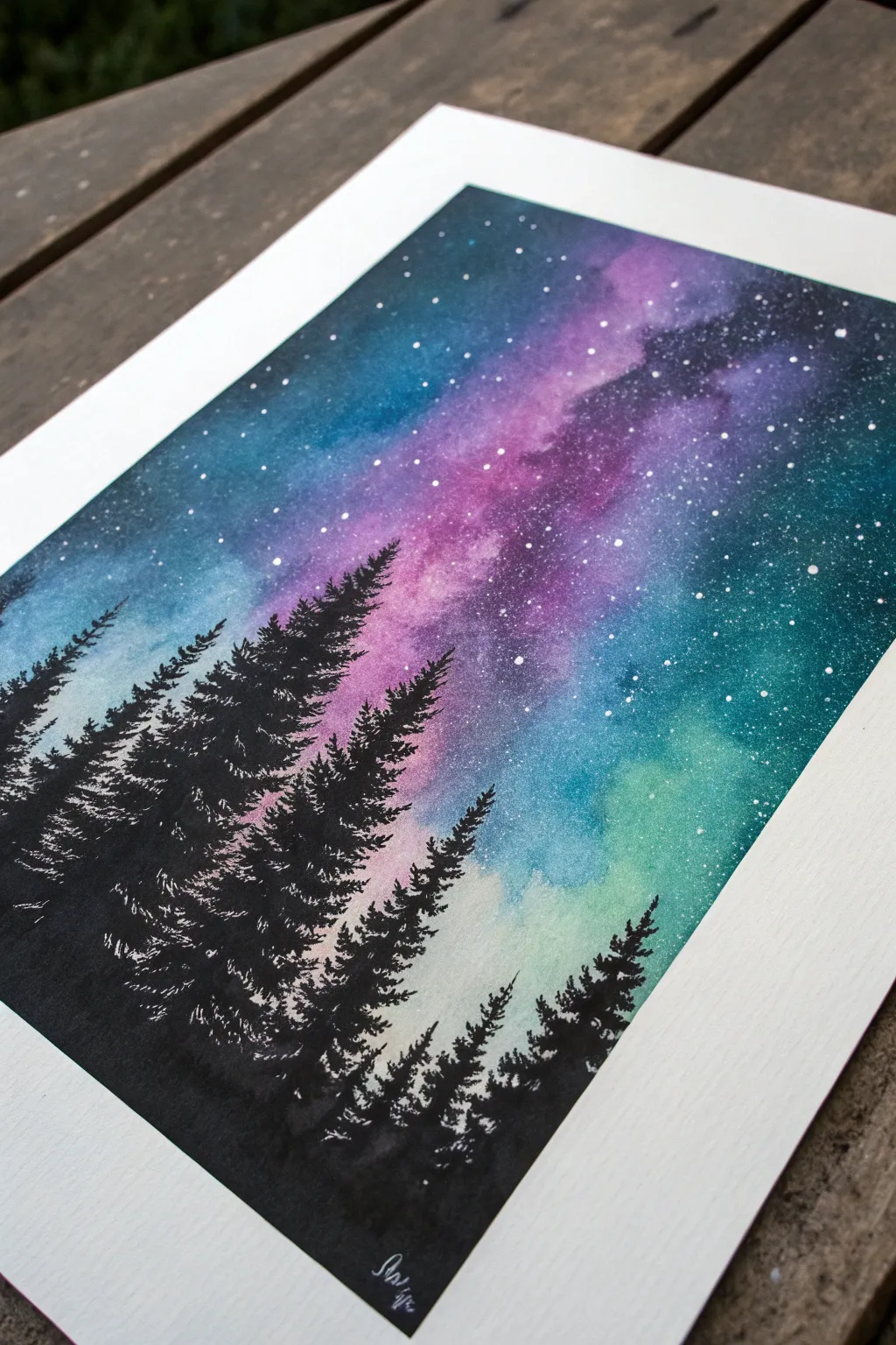 Spray paint silhouette pines over a glowing galaxy sky, sharp contrast and dreamy minimalist vibes.