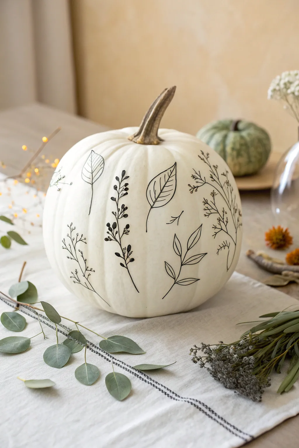 Crisp black line botanicals on a white pumpkin, styled with eucalyptus for a serene minimal look.