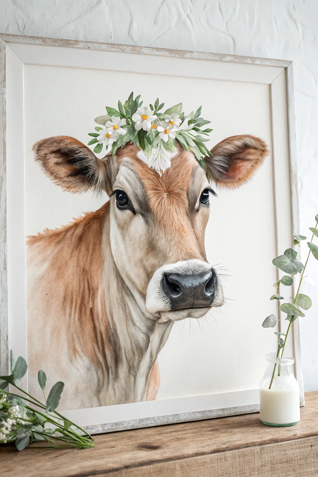 Boho cow portrait with a daisy flower crown on a soft pastel backdrop, calm and minimal.
