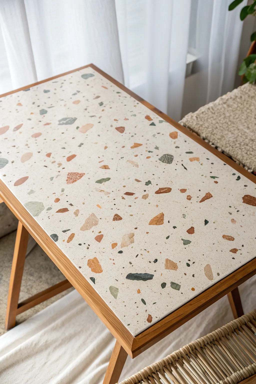 Terrazzo speckles on a calm painted base for a modern DIY tabletop with Scandinavian-boho charm