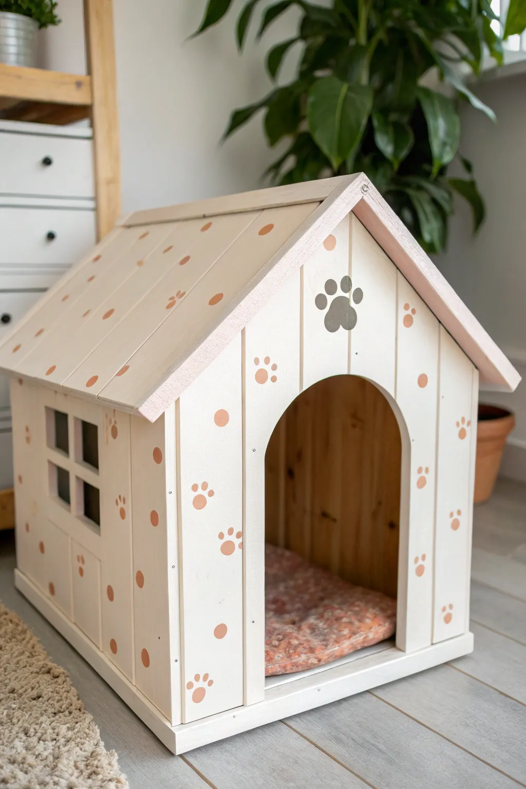 Minimal polka dot dog house with subtle paw prints for a cute, calm Scandinavian boho look