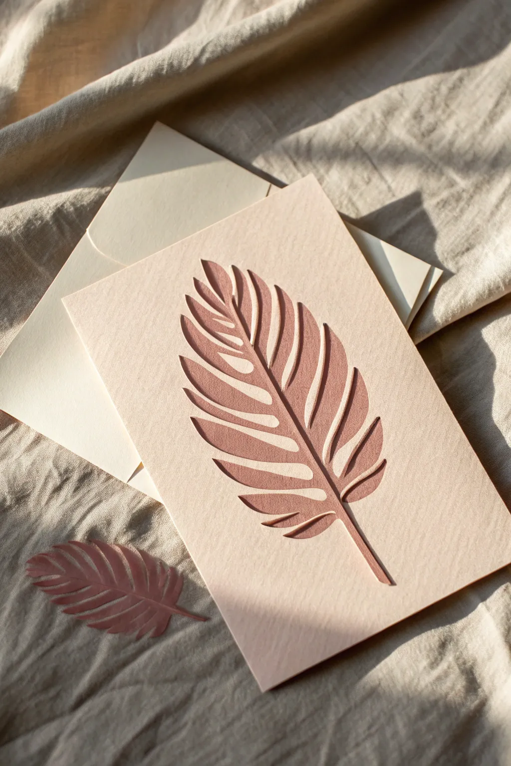 Bold die-cut card shapes layered in soft neutrals, highlighting crisp edges and texture.