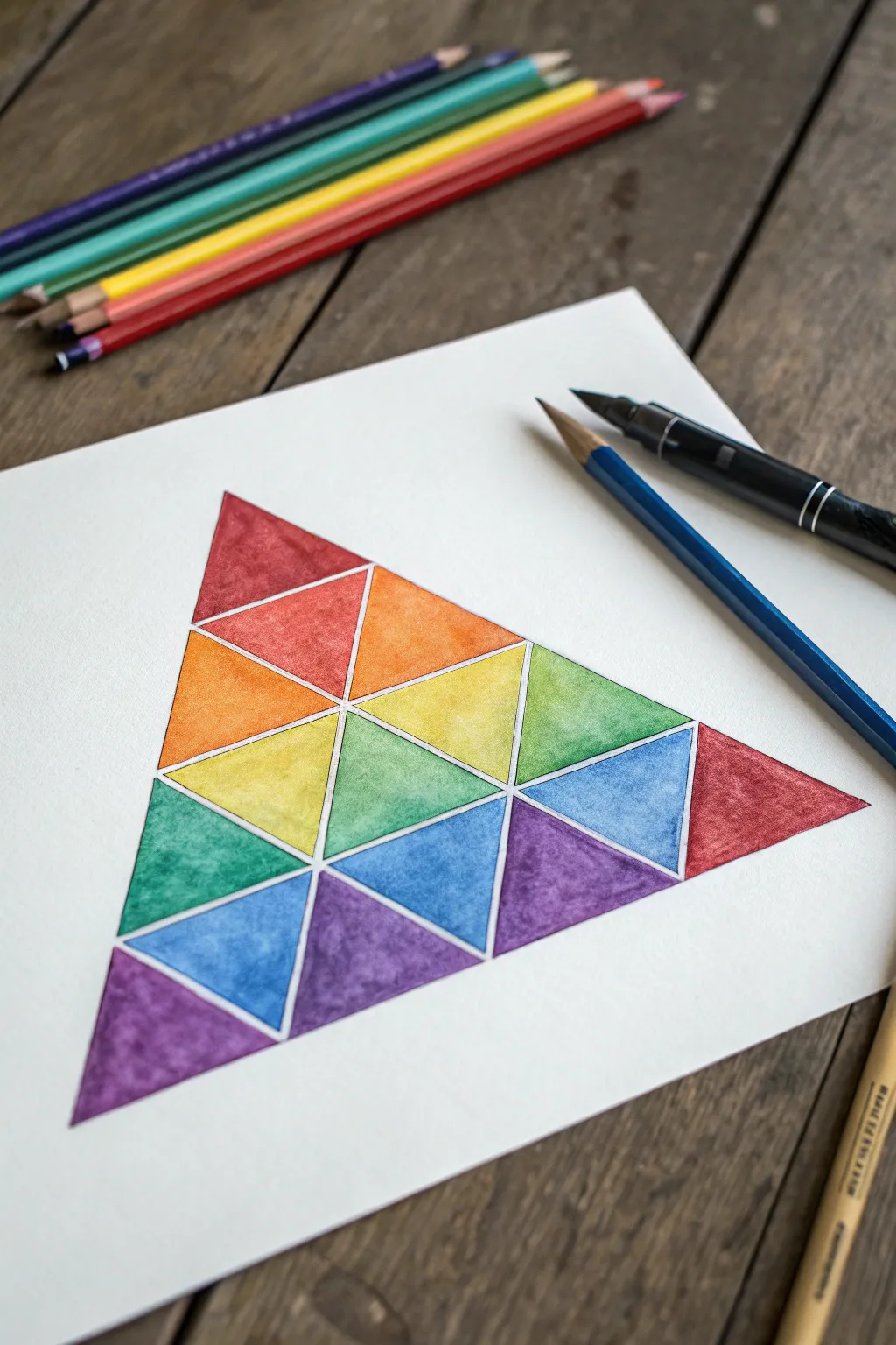 Geometric triangle rainbow with crisp facets and boho color shifts, clean Scandinavian minimal style.
