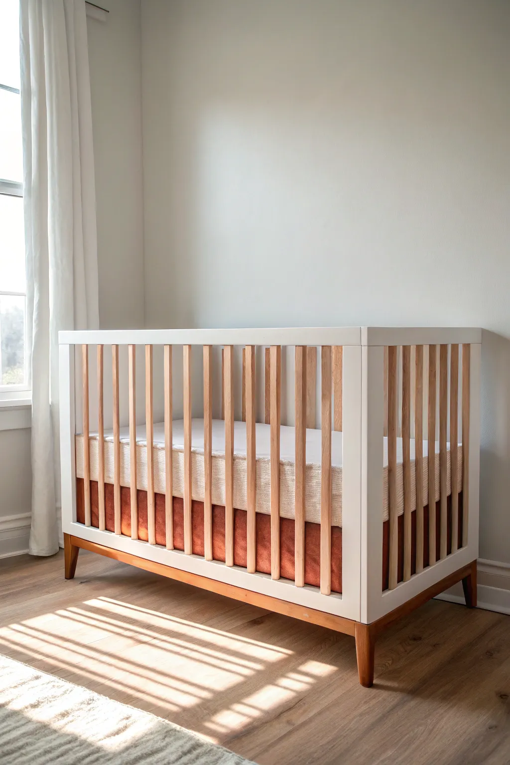 Dreamy ombre crib fade from terracotta to ivory for a calm minimalist boho nursery