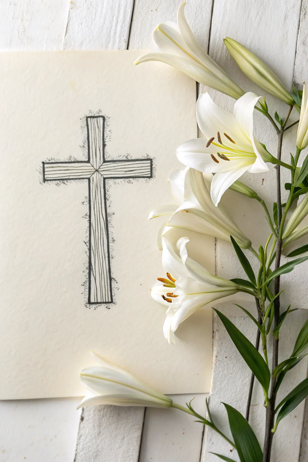 Minimal cross drawing with Easter lilies blooming at the base, clean Nordic calm with boho warmth