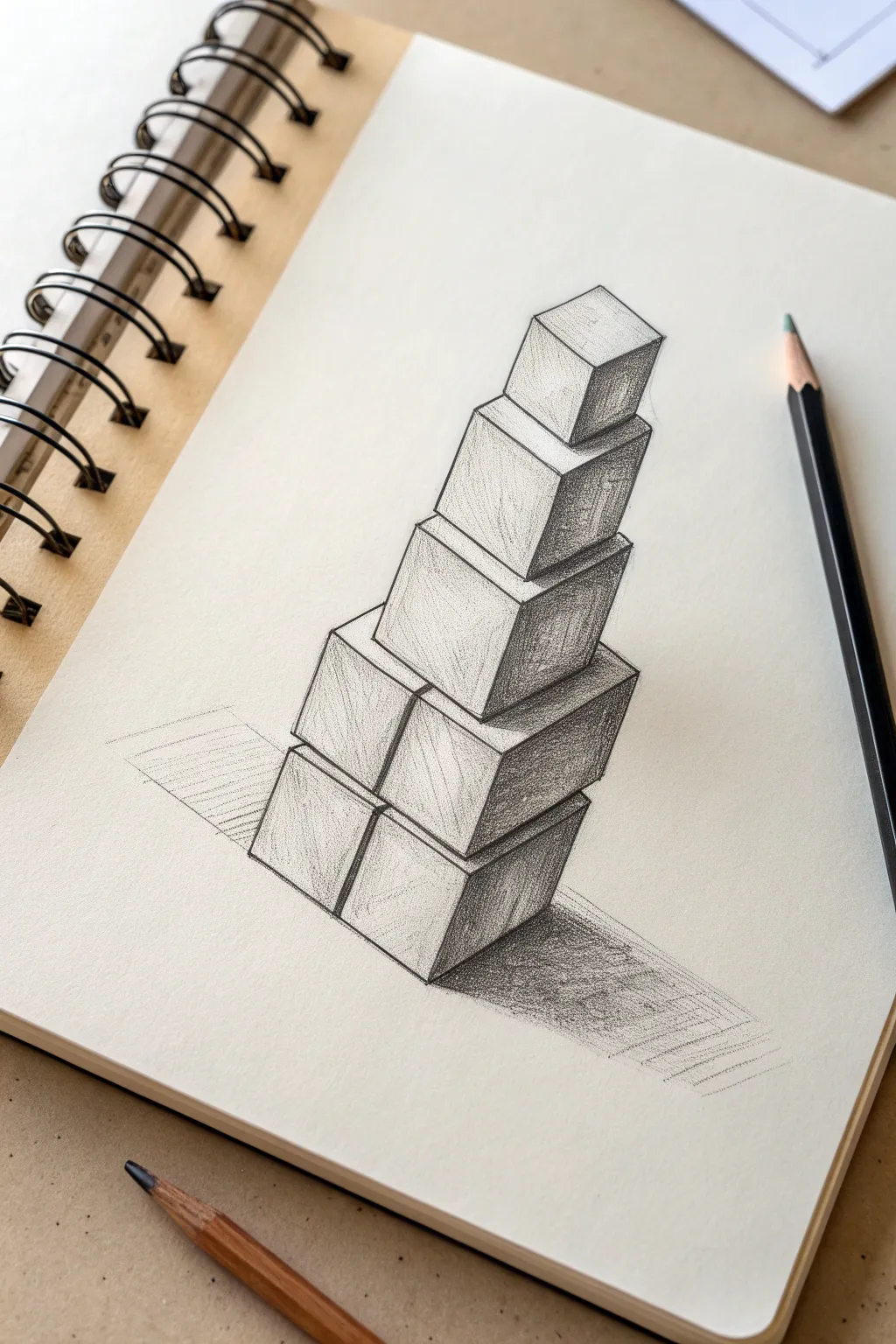 Stacked cube tower sketch with clean lines and soft shadows, a calming minimalist practice.