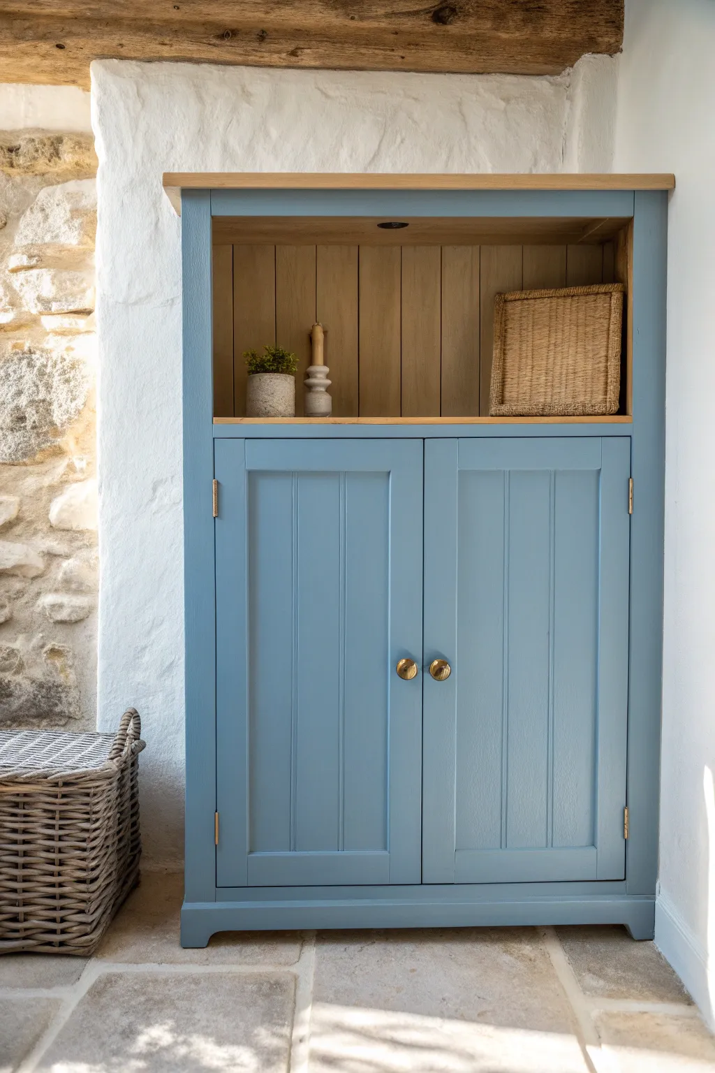Coastal blue cupboards paired with natural wood for a bright, airy Scandinavian boho kitchen