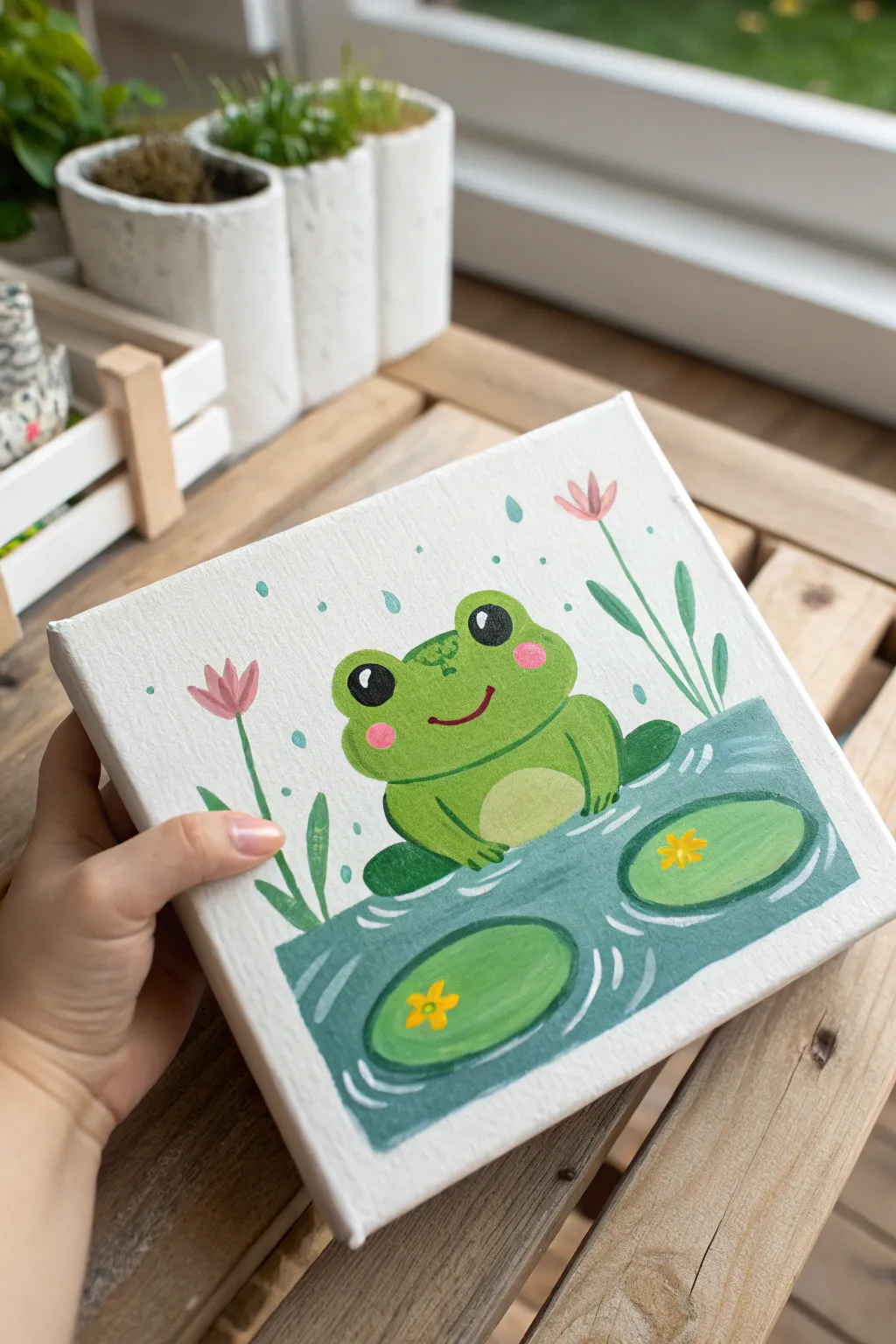 Happy frog peeking from a teal pond with simple ripples and lily pads, a cute acrylic idea