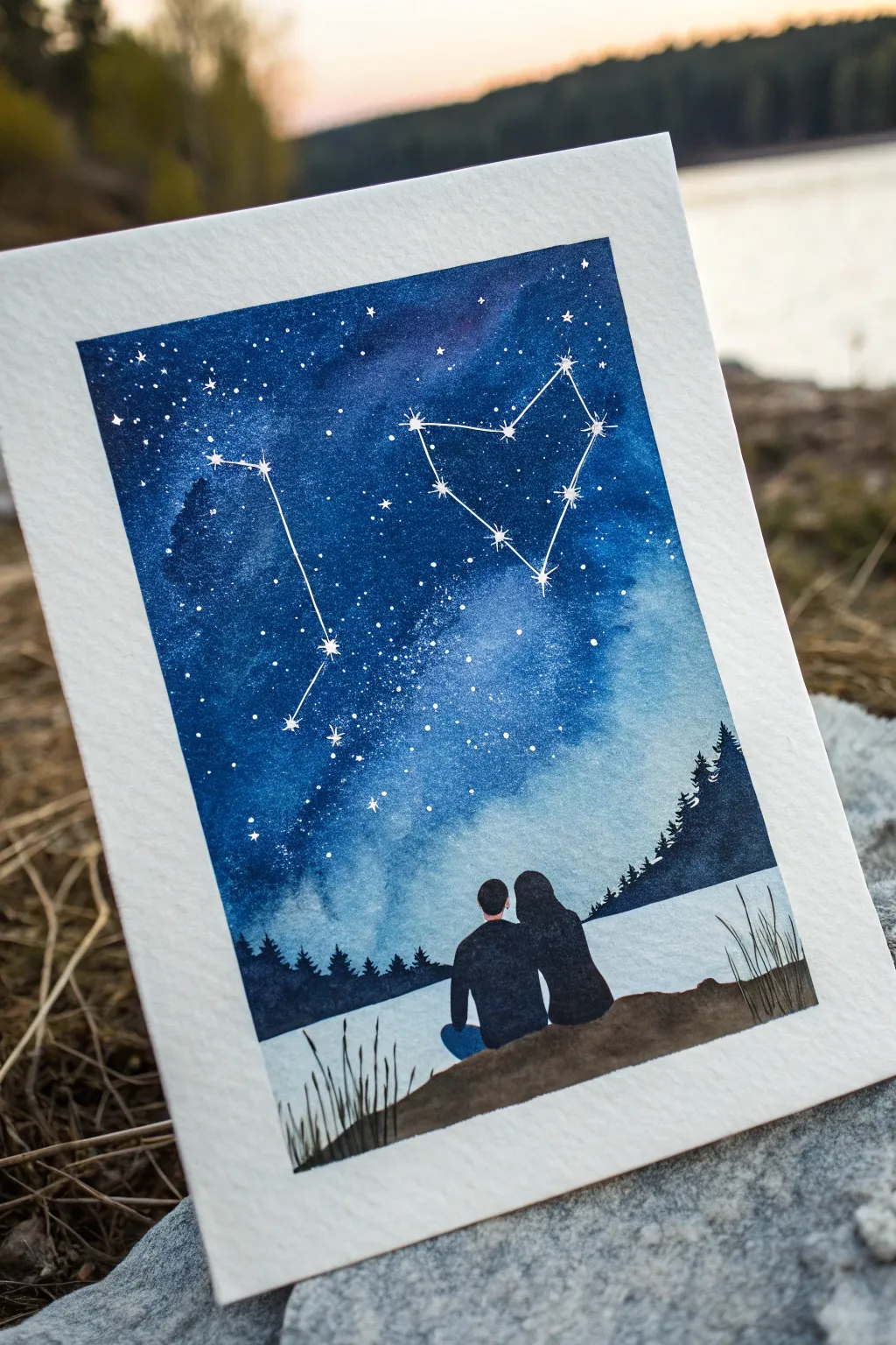 Minimalist starry night couple silhouette with a sweet heart constellation to paint together