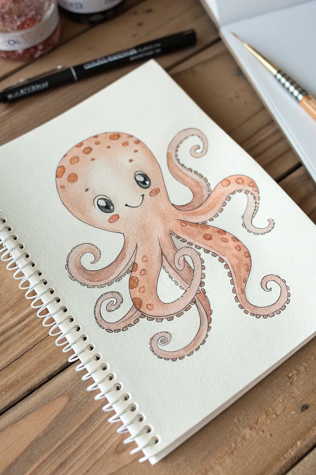 Cute baby octopus with curly ribbon arms, shy smile, and soft shading in minimalist boho style