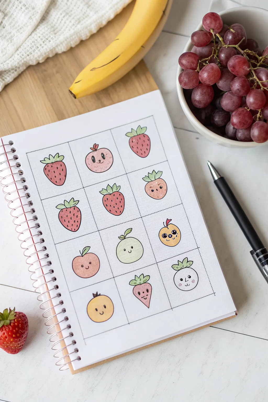 Sweet fruit friends in a tidy 3x3 grid, simple faces and cozy Scandinavian minimal vibes