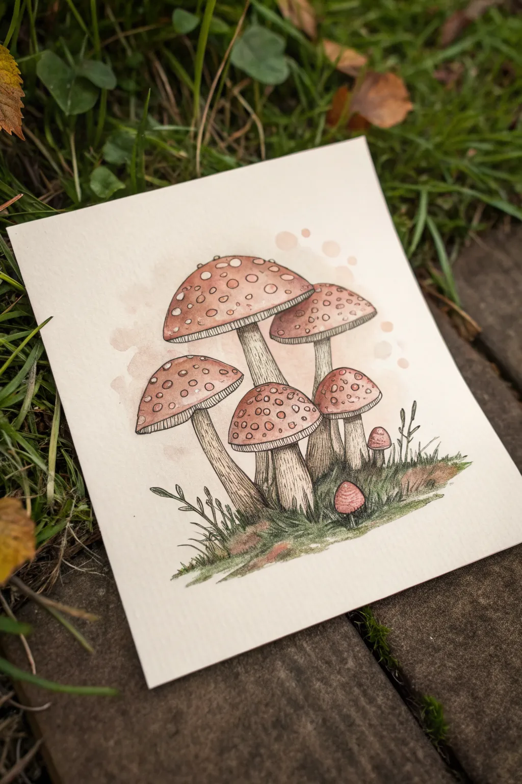 Soft cottagecore mushroom cluster in muted browns and blush pinks, perfect for sketching