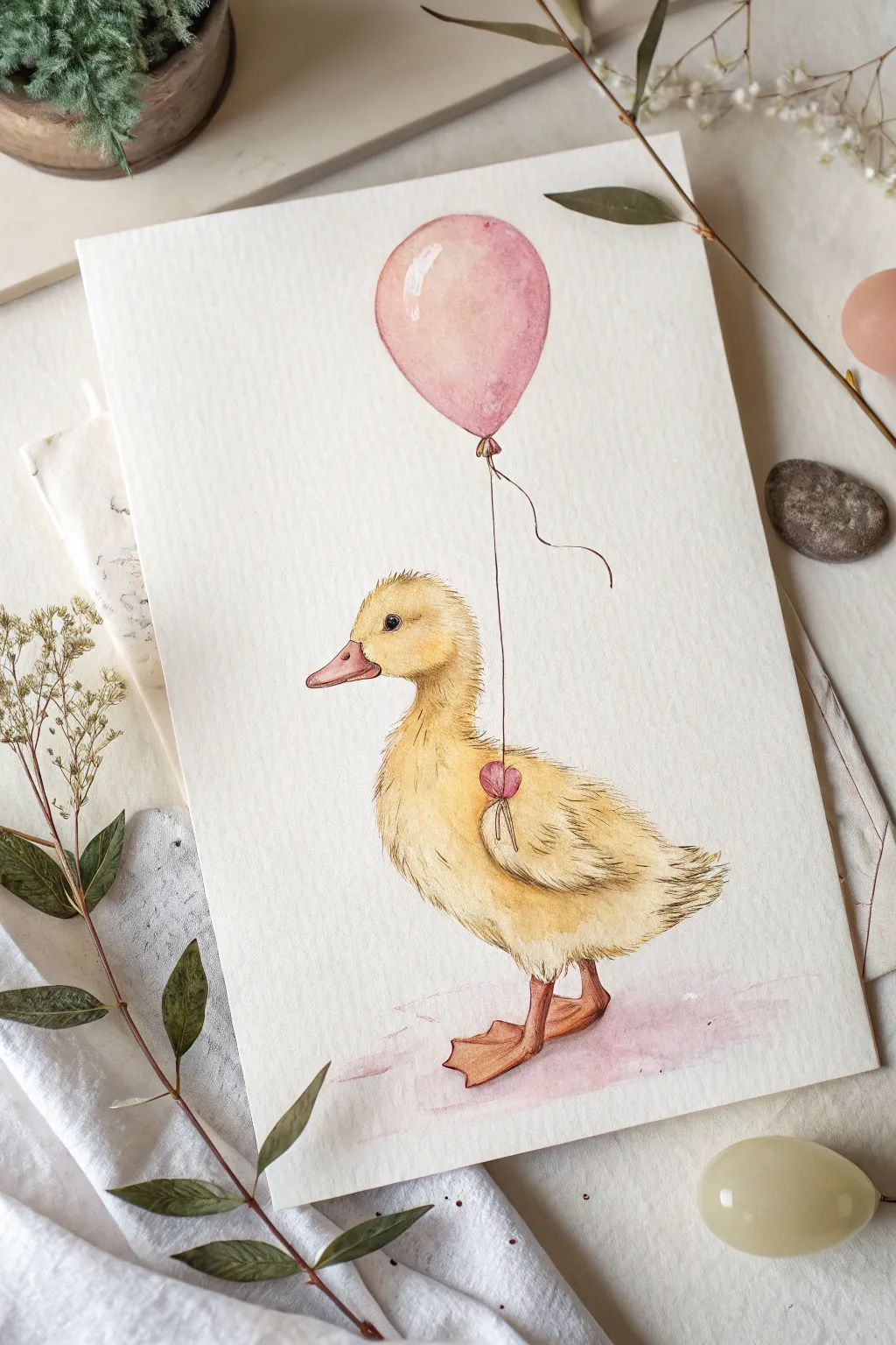 Sweet duckling with one balloon, minimal watercolor look, cozy Scandinavian-boho vibe.