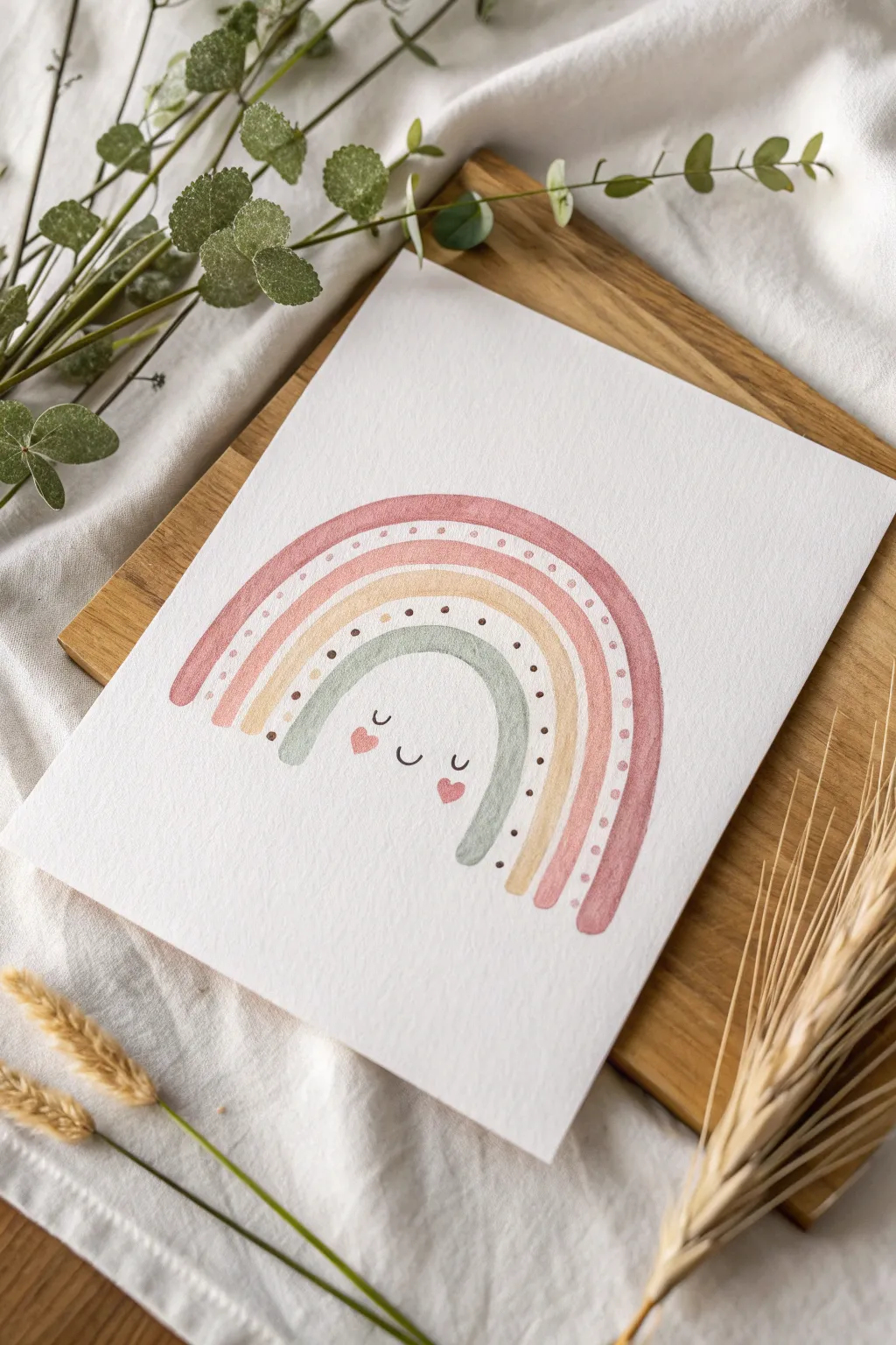 Sweet minimalist rainbow with tiny faces and sparkle dots, perfect for cute easy drawing ideas