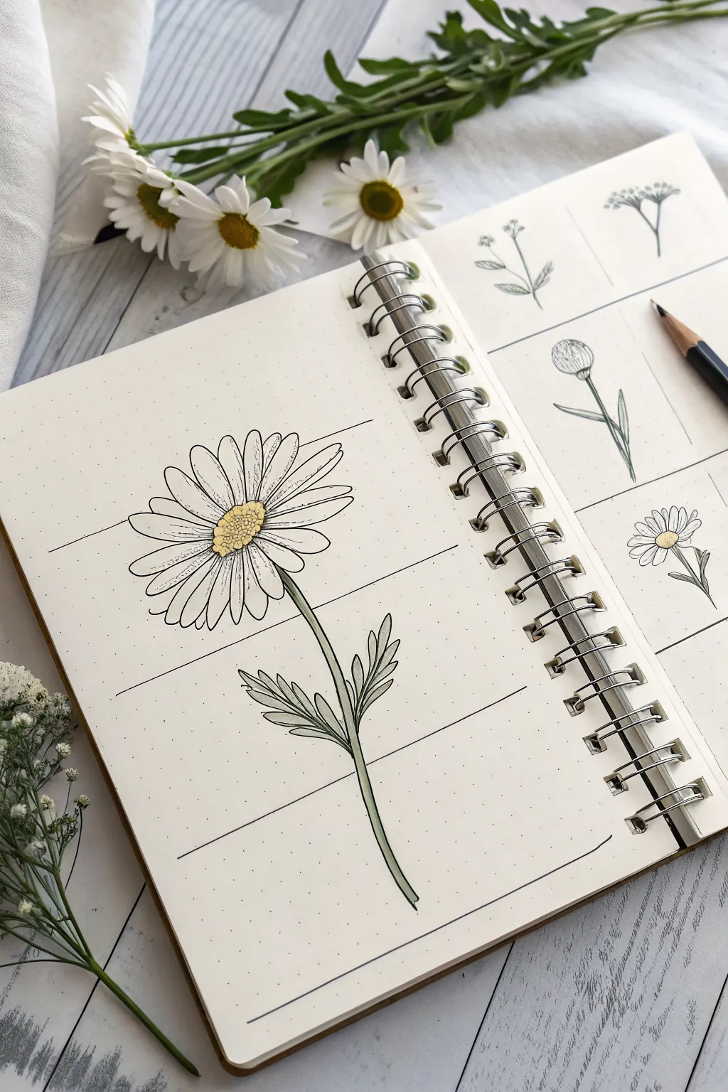 Easy daisy flower step by step panels, minimal and cute line drawing for beginners