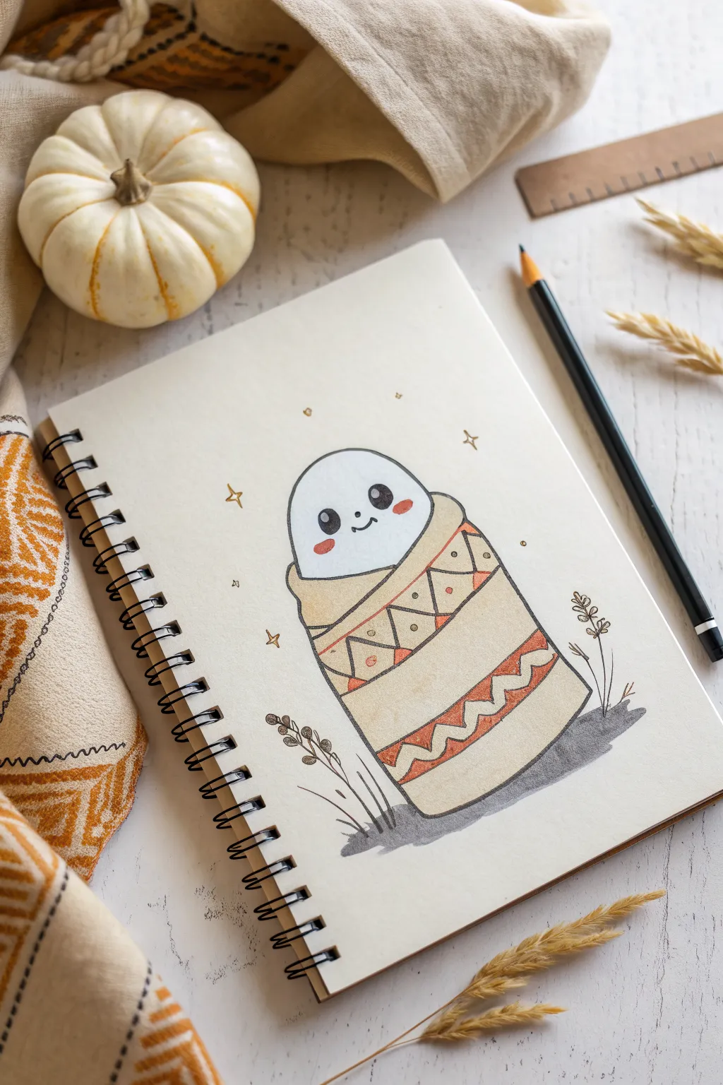 Cozy blanket ghost burrito with simple stripes and a sweet face, an easy Halloween drawing idea