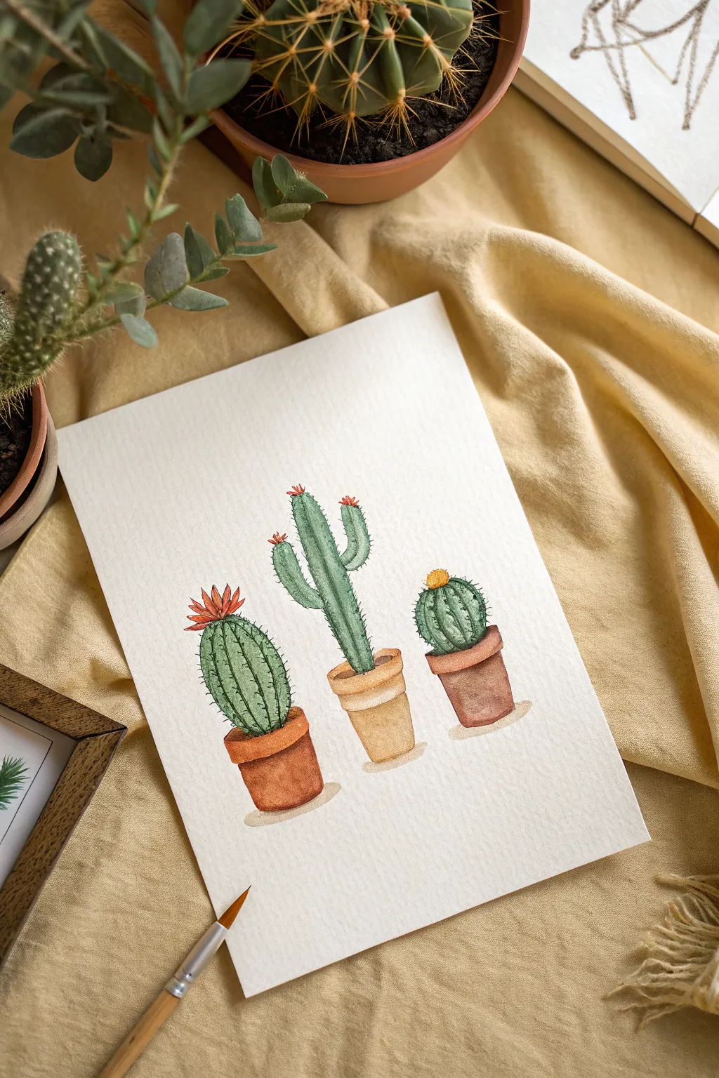 Sunny cactus trio on warm sand wash, simple shapes and cozy terracotta pots to paint