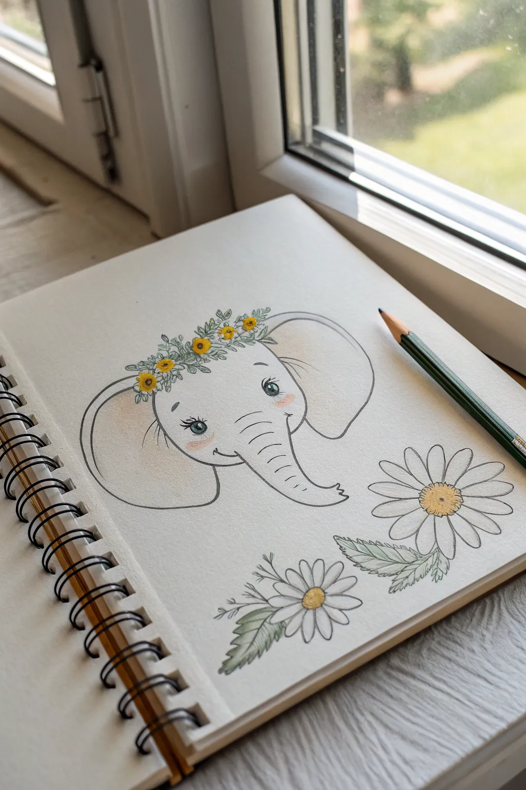 Draw a sweet elephant portrait with big ears and a simple daisy crown in soft minimalist style