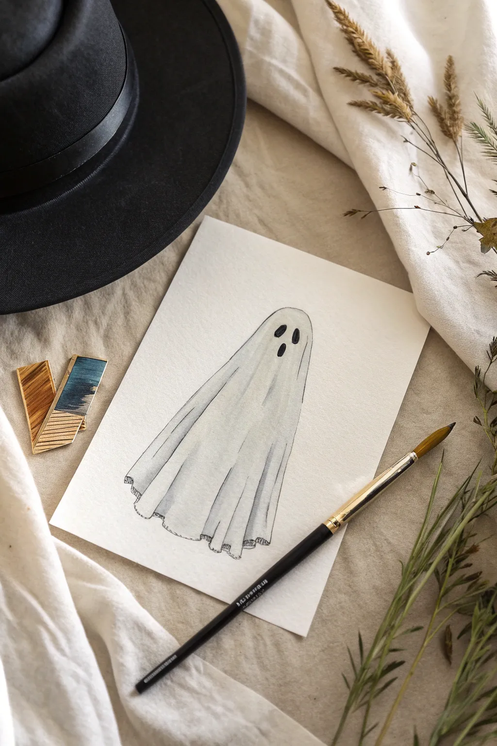 Minimal sheet ghost with a tiny tilted witch hat, simple and sweet for cozy spooky season.