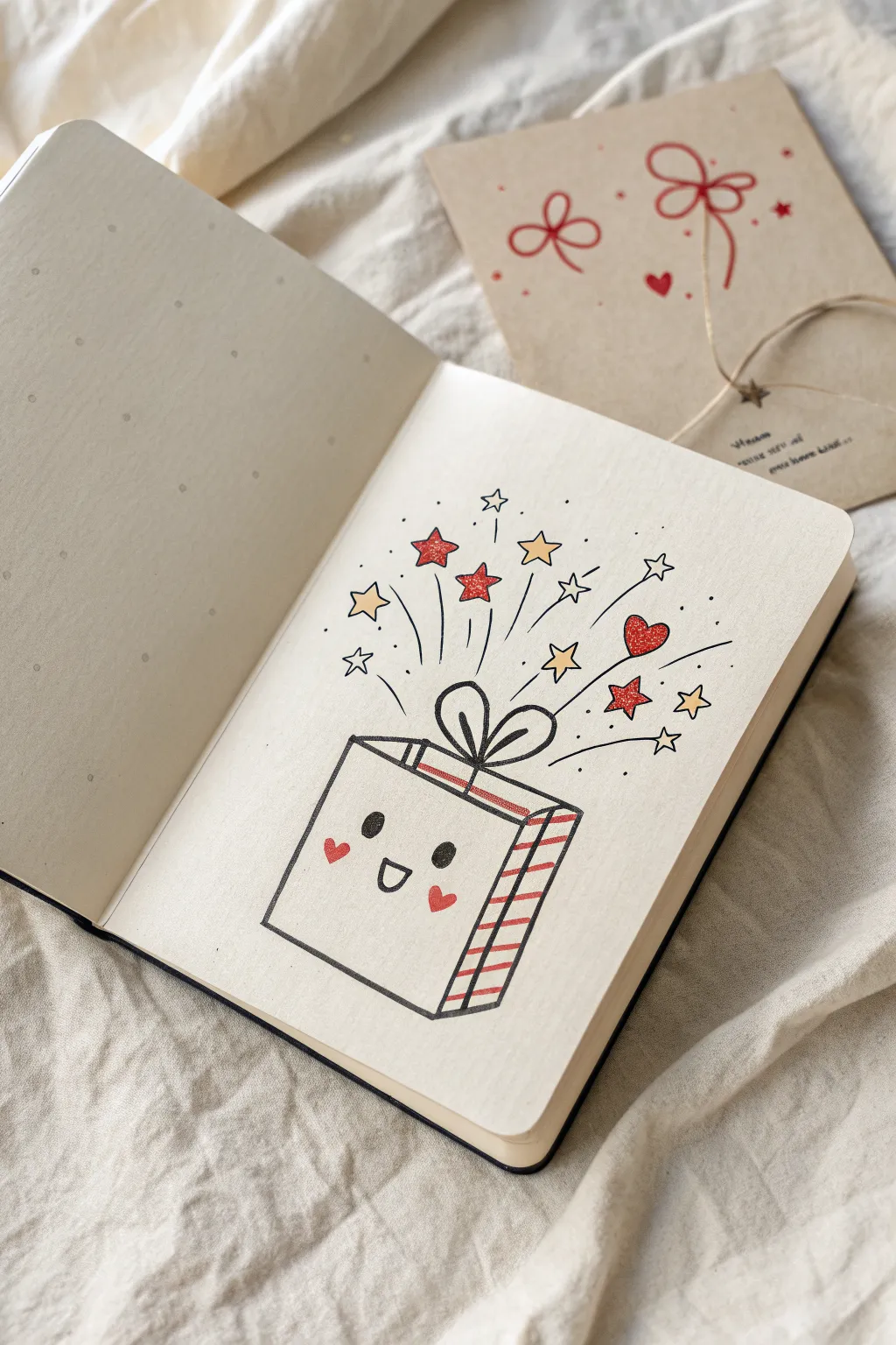 Draw a sweet open gift box with a smiling face and a soft confetti burst, minimal boho.